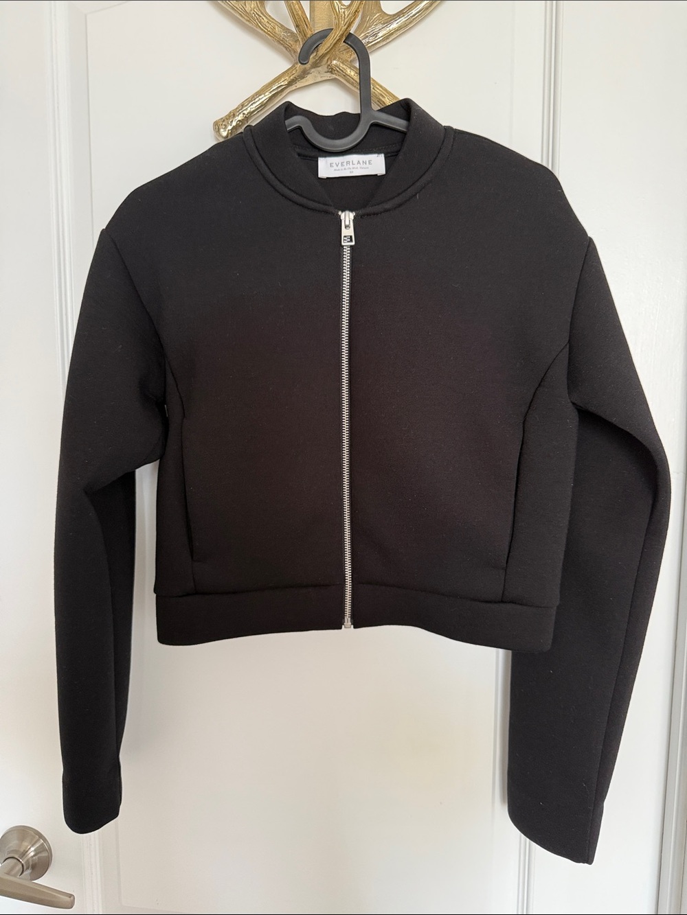 Everlane Black Cropped Bomber Jacket with Silver Zip